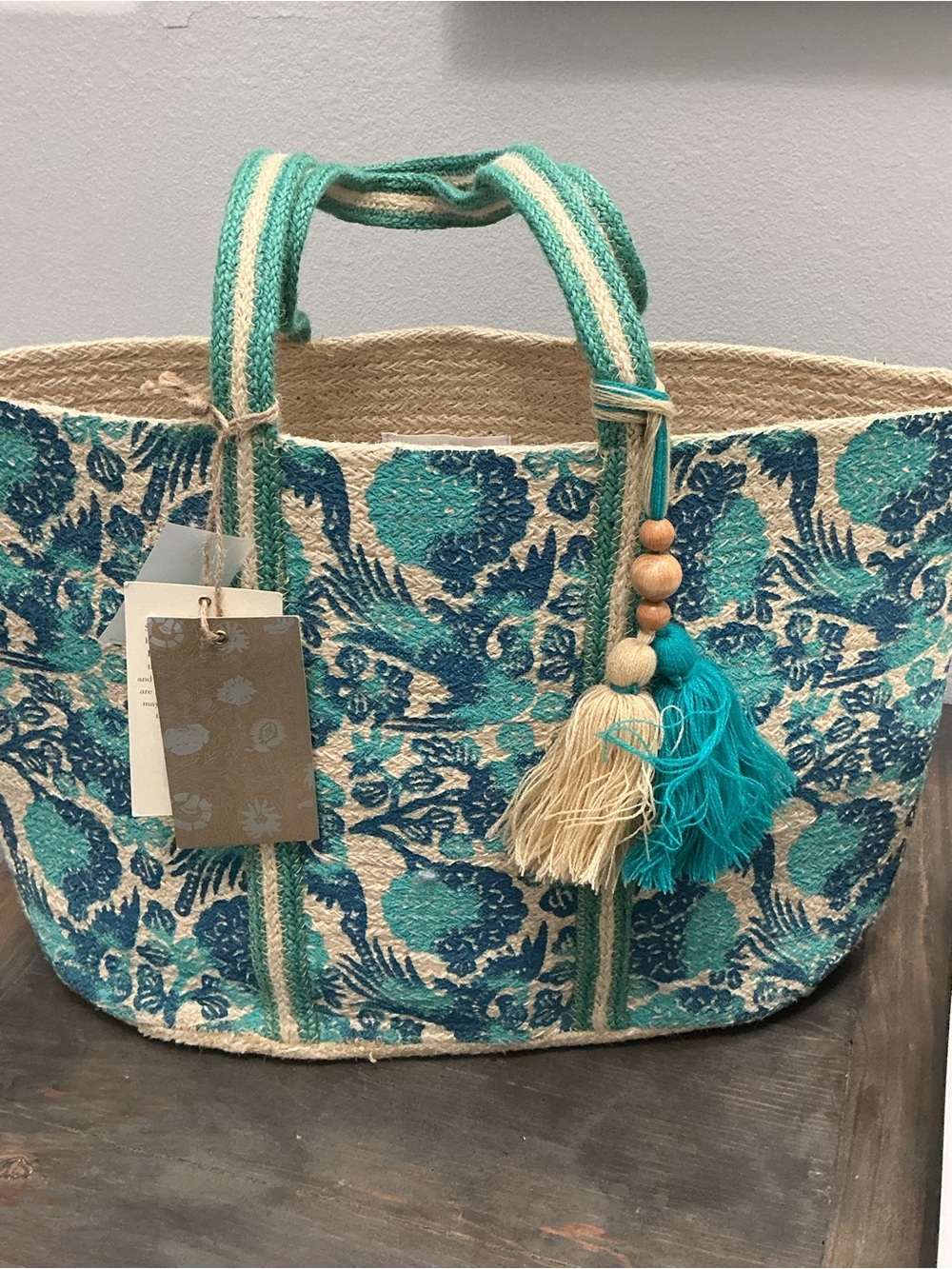 NWT Antik Kraft Boho Floral Jute Tote Bag Turquoise Beach Summer